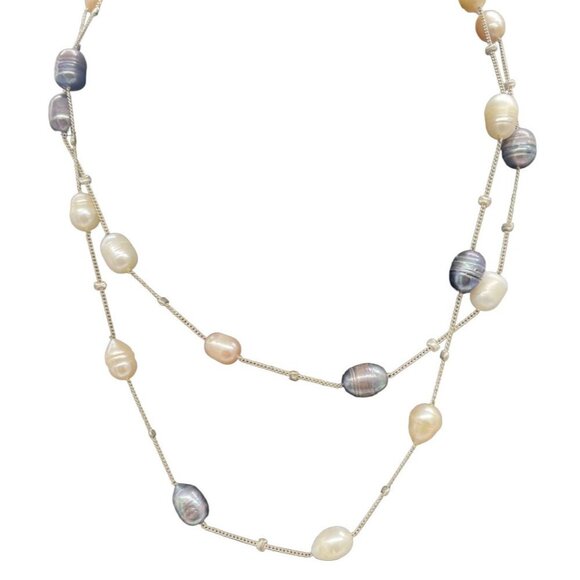 Multicolor Real Pearls Beaded Station Long Chain Necklace 36 Inches - Picture 1 of 6